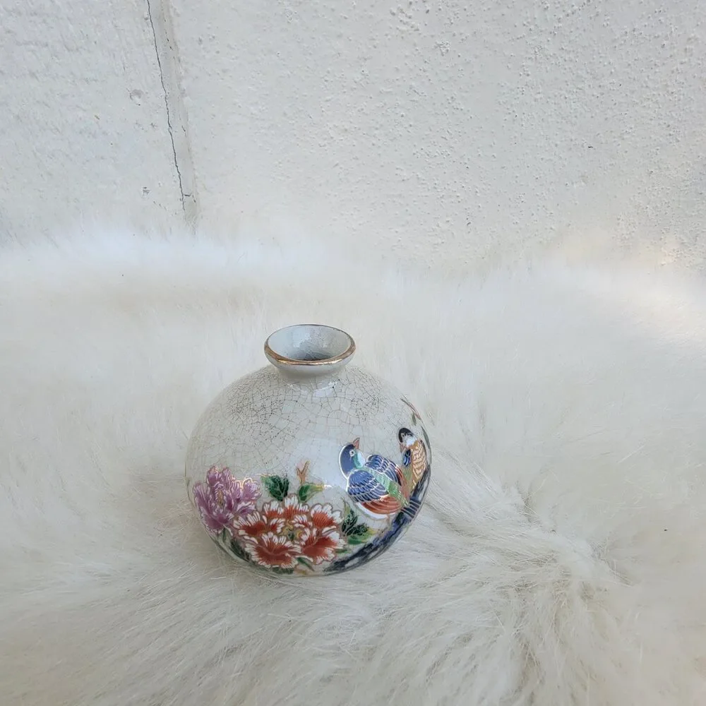 vintage Japanese porcelain miniature crackle vase bird floral print 3 Inch